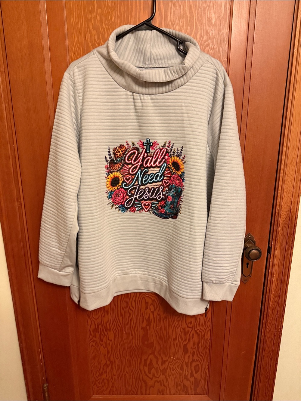 Cozy Cream Cowl Neck Sweater with Floral 'Y'all Need Jesus' Graphic